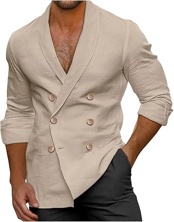 Shirts for Men Cotton Linen Double-Breasted Tops Long Sleeve V Neck Button Down Shirt Comfy Shawl Neck Business Shirt
