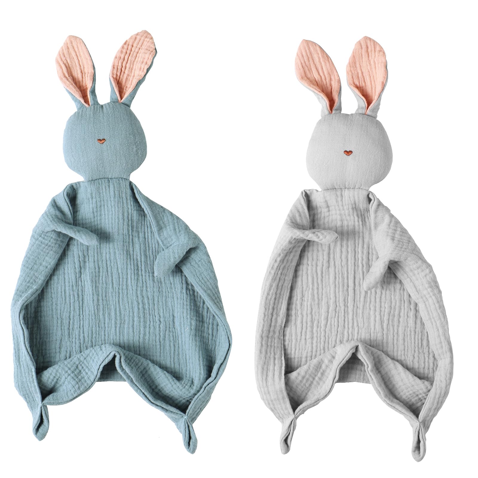 insular Bunny Lovey Blanket for Boys and Girls, Organic Cotton Muslin Security Blanket for Babies, Soft Breathable Lovie Soothing Towel for Newborn and Infant, Blue&amp;Gray
