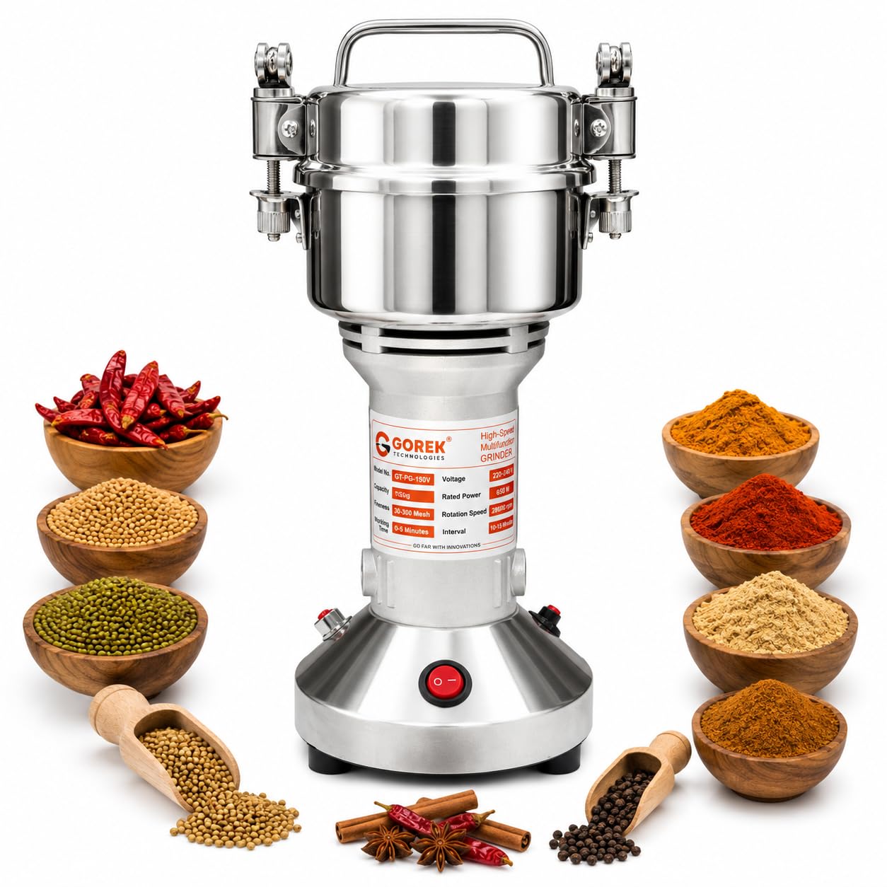 Gorek Technologies GT-PG-150V 650W Masala/Spices Grinder Machine with Capacity 150g Vertical Type Machine-image-20