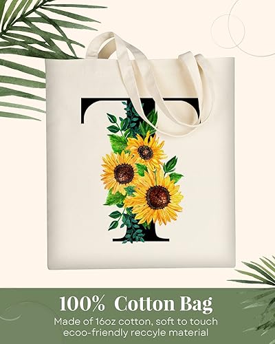 Miniatura 3 de AUSVKAI Bolsa de lona estética para mujer, lindas bolsas de girasol con iniciales de moda con asa para comestibles