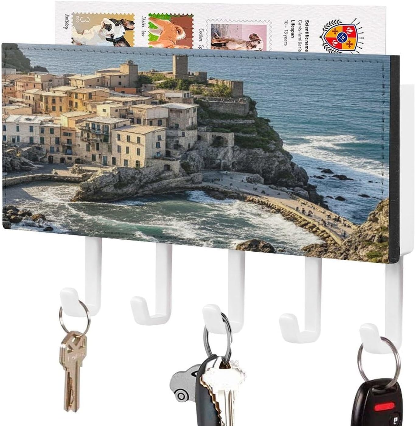 Key Holder Wall Mount Key Hanger with 5 Hooks, Decorative Key Rack | Fishing Village Hanging Key Hooks with Mail Organizer for Wall Living Room Kitchen Bathroom Hallway