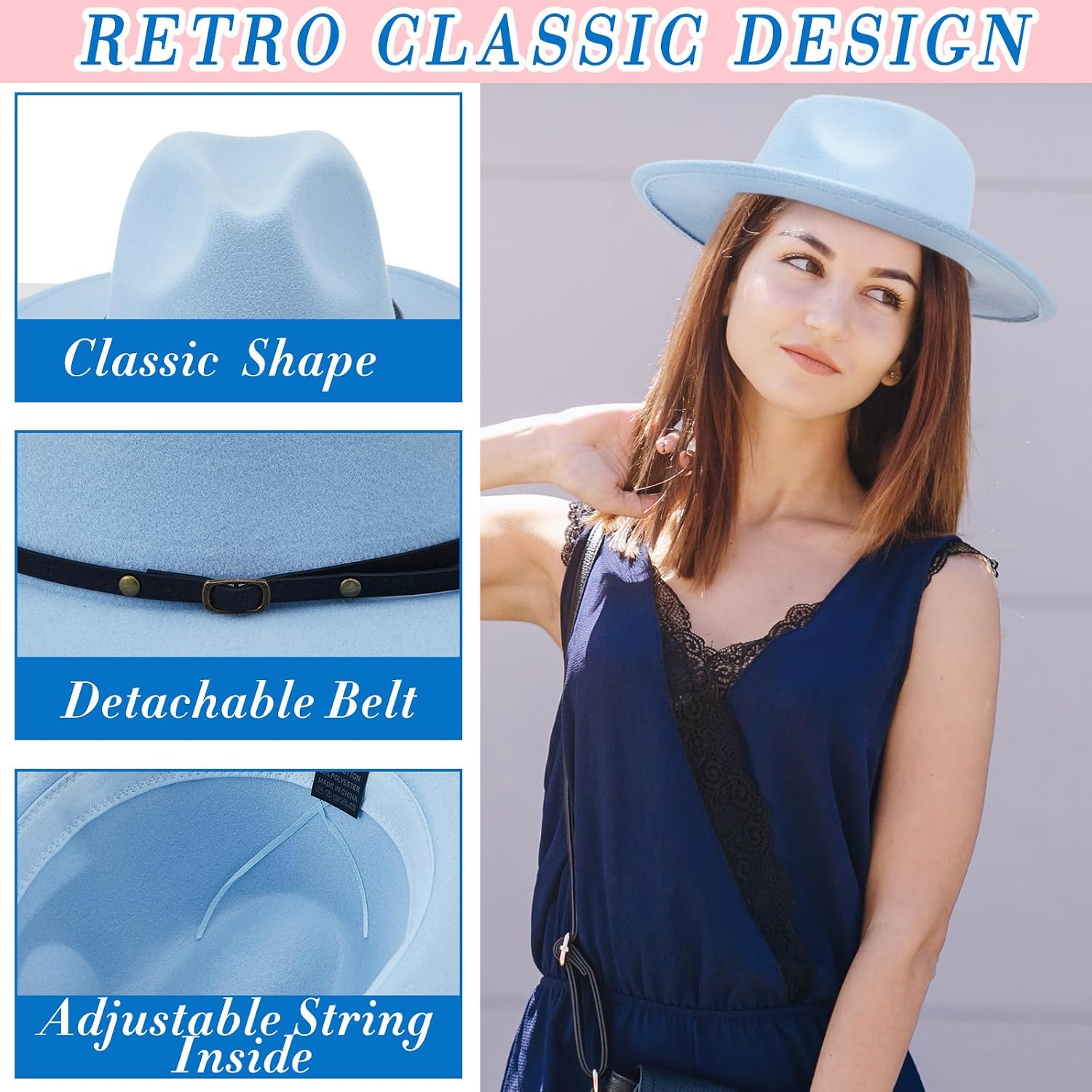Hercicy 6 Pcs Fedora Hats for Women Men Felt Wide Brim Hats Vintage Boho Hat with Belt Buckle Panama Hat