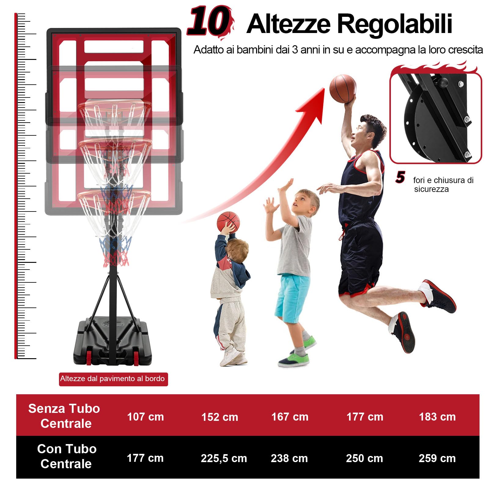 GYMAX Canestro Basket Portatile, Canestro da Basket Regolabile in Altezza 155-310 CM inclusi Pallone da Basket e una Pompa, con Tabellone Infrangibile 2 Ruote Base e Borsa, per Bambini e Adulti