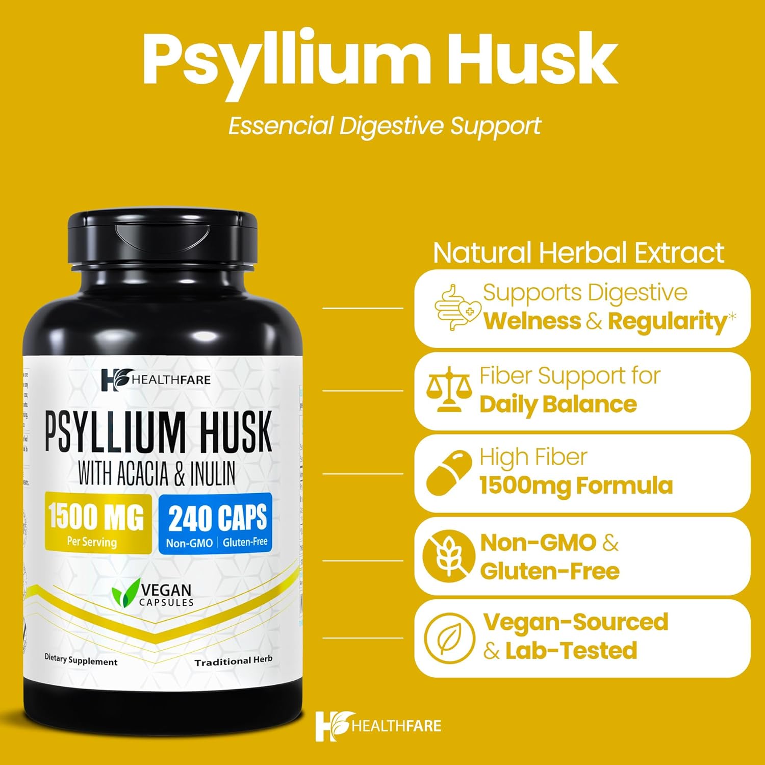 Healthfare Psyllium Husk Fiber 1500mg | 240 Vegan Capsules | Extra Strength Fiber Supplement | Supports Digestive Health | Non-GMO, Gluten-Free | Made in USA - Image 2