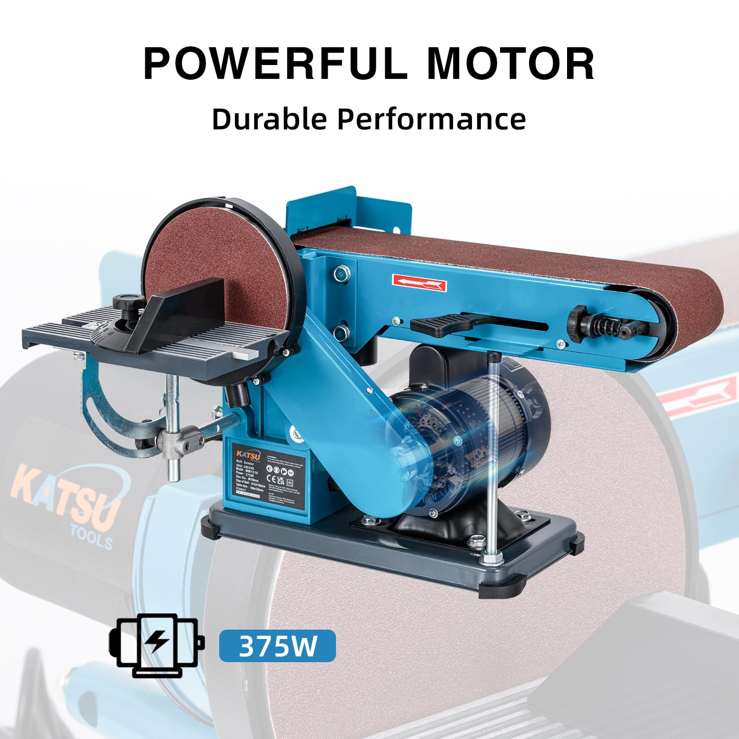 KATSU Tools Lijadora de banda y disco 375 W – disco 150 mm, banda 100×914 mm, mesa ajustable, extracción polvo, madera/metal/plástico | Mesa ajustable y extracción de polvo, ideal para madera y metal, acabado preciso, modelo 100198