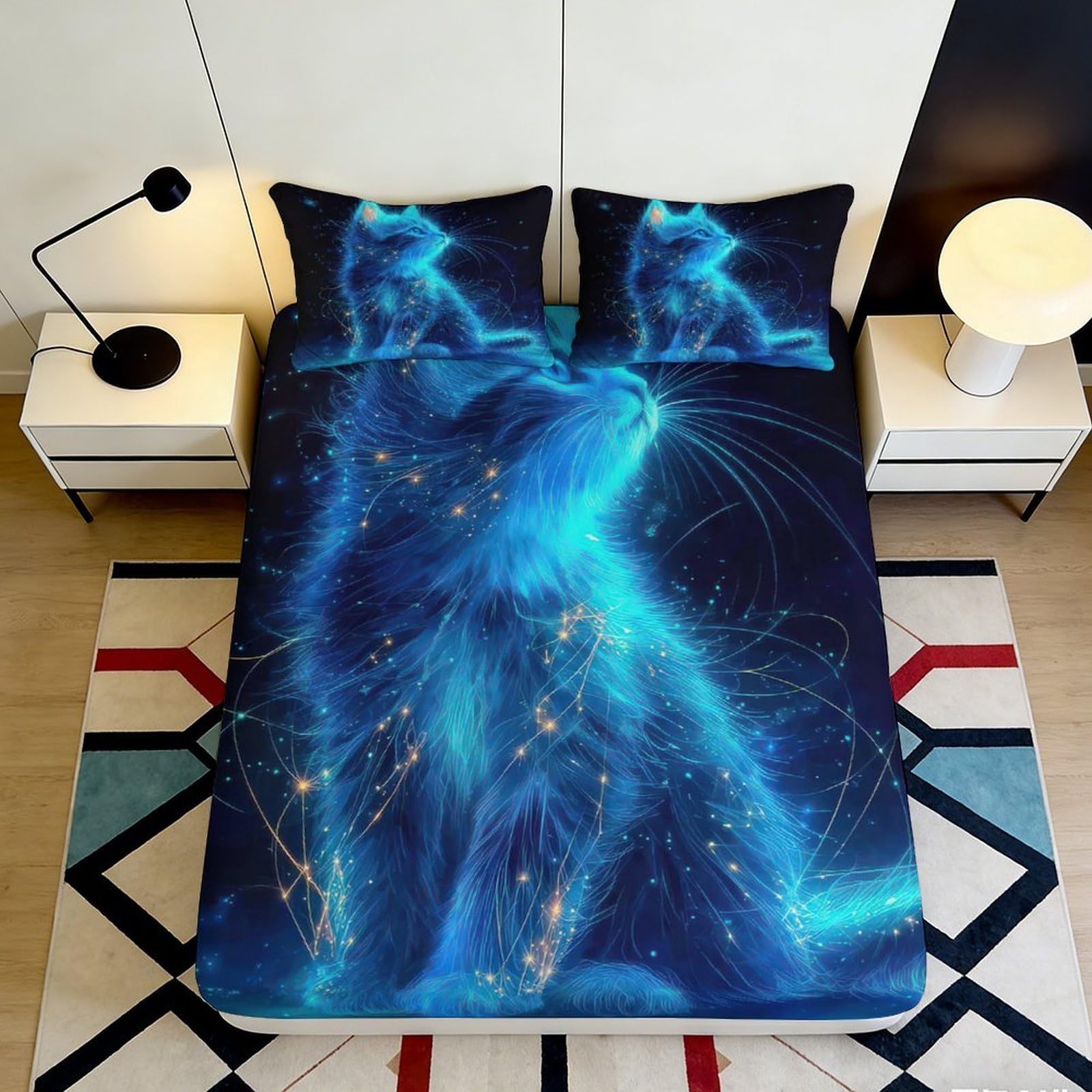 Pnayamiorkfel Style-9 3D Printed Blue Cosmic Cat Fitted Sheet Microfiber Soft Breathable Galaxy Bed Cover For Bedroom Dorm Decor 90X200x25cm