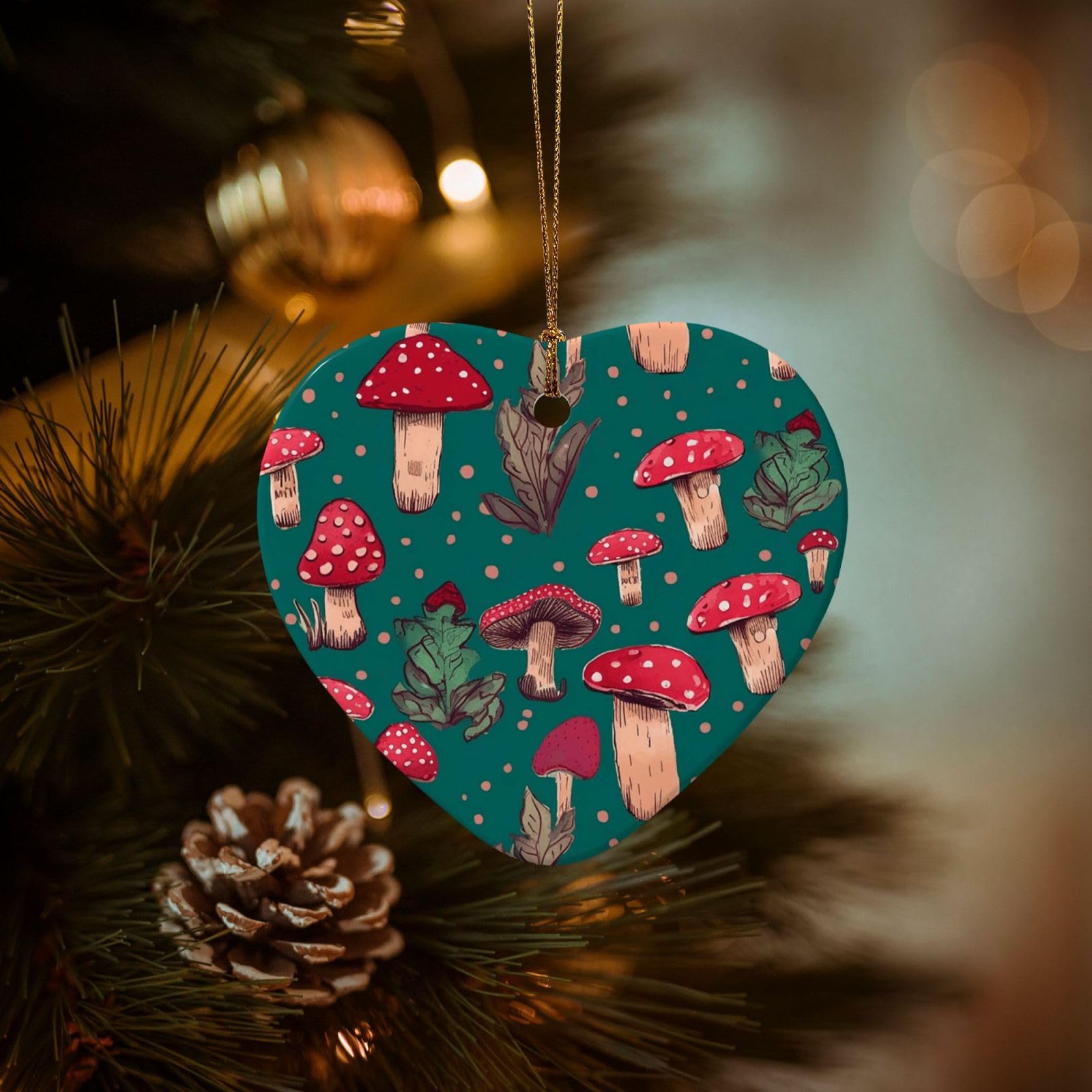 Christmas Tree Ornaments Ceramics Christmas Decorations Red Mushrooms Ornaments with Gold Ribbon Porcelain Xmas Tree Crafts Heart Shape Hanging Pendant for Christmas Tree Party Decor