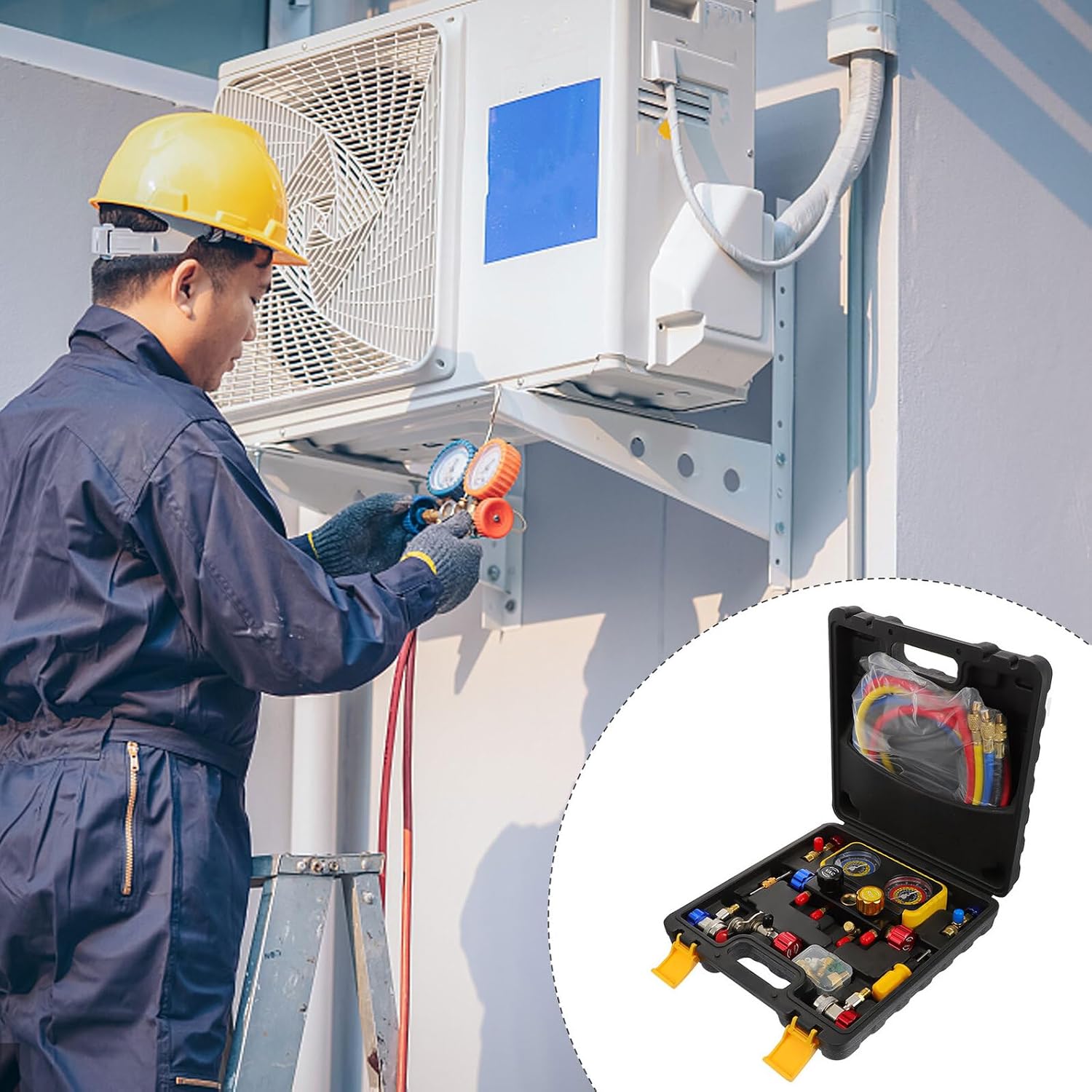 Mikinona 4-Way Air Conditioner Manifold Gauge Set Charging and Diagnostic Heating and Cooling Service Tool with Hoses Can Tap and Quick Coupler – Automotive and Household Random Color