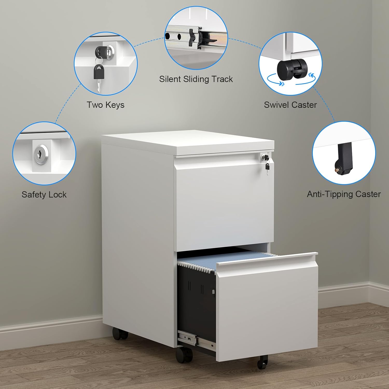 2 Drawer File Cabinet with Lock, Metal Mobile Filing Cabinet on Wheels, Compact Desk Side Storage Cabinet for Home Office, Letter/Legal/A4 File Organizer with Anti-Tip Wheel (White)