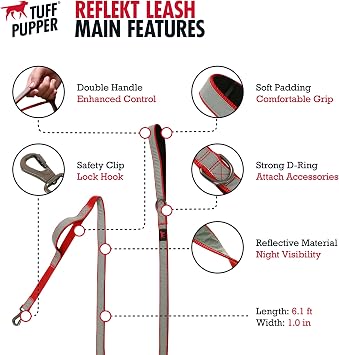 Tuff Pupper Aşırı Yansıtıcı Köpek Tasması | Güçlü Köpekleri Tutmak İçin Ağır Hizmet Tipi Çift Saplı Köpek Tasma | Güvenli Gece Yürüyüşleri İçin Yansıtma | Güvenlik için Kilitlenebilir Klipsli 6 Ayak