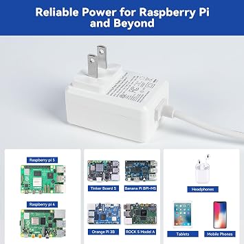 SunFounder 27W PD Power Supply for Raspberry Pi 5, 5.1V 5A GaN 1.2m 3.6ft USB-C Changer Adapter for Raspberry Pi 5 8G/4G/2G/Raspberry Pi 4/Pironman 5 (ETL Listed)