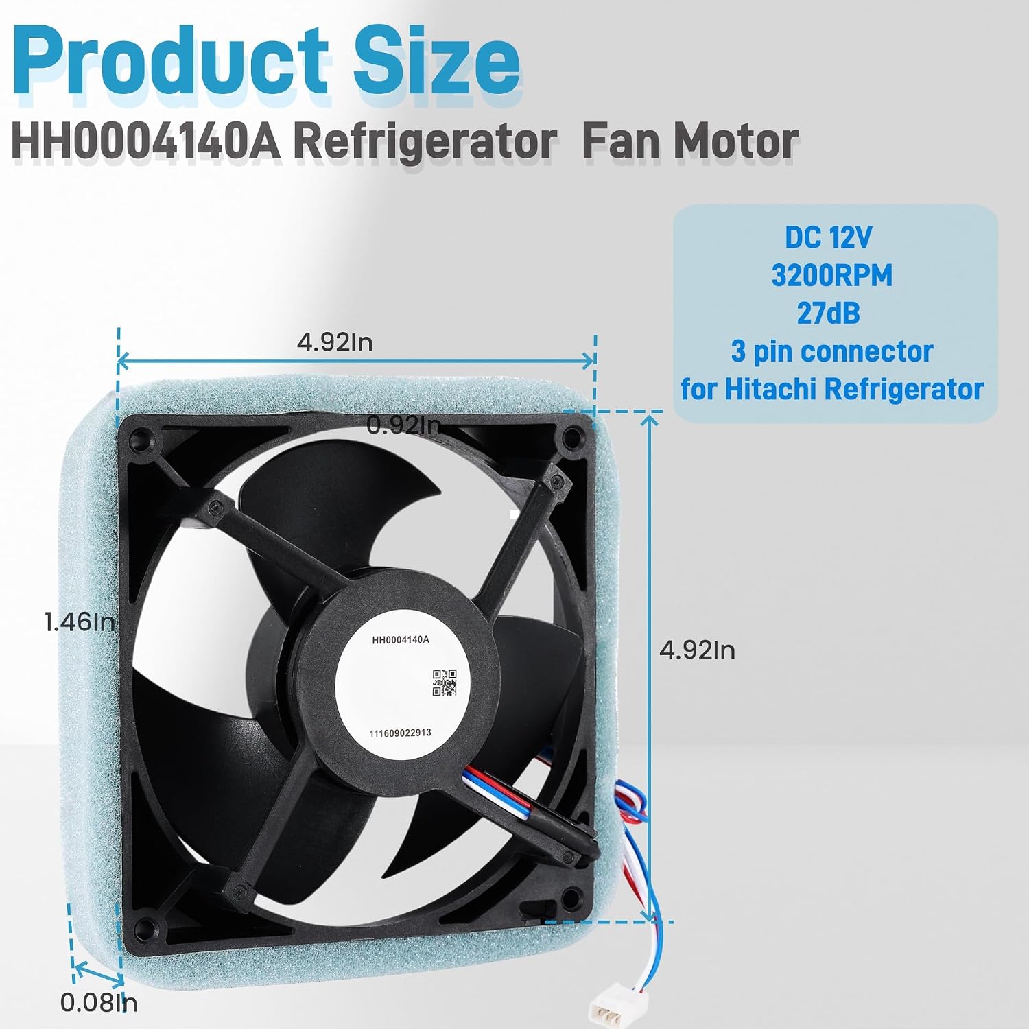 HH0004140A Refrigerator Evaporator Fan Motor Compatible with Hitachi Refrigerator Fan, 125 * 125 * 20mm Refrigerator Cooling Fan 3-pin Connector DC 12V