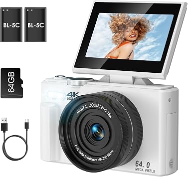 4K Digital Camera for Photography, Autofocus Anti-Shake 64MP Vlogging Camera for YouTube, 3 180 Flip Screen 18X Zoom Compact Camera with 64GB SD Card and 2 Batteries for Beginner Teenager, White