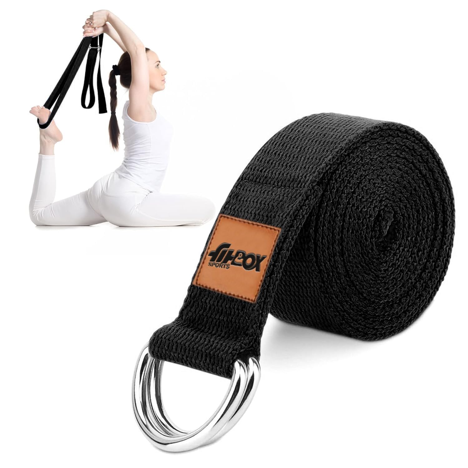 FitBox Sports Yoga Belt for Men and Women - Yoga Strap for Stretching with Extra Safe Adjustable D-Ring Buckle Strap for Stretching, Yoga, Pilates, Physical Therapy & Fitness - Black