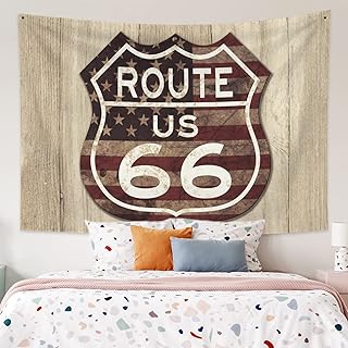 Qinunipoto タペストリー ルート66 route66 木の板の柄 レトロ アメリカン 米国 100x70cm アート デコレーション 多機能 おしゃれ 壁掛け インテリア 雰囲気転換 飾り 布ポスター ビデオ会議 撮影用 背景布 新居お祝い 個性ギフト ポリエステル製