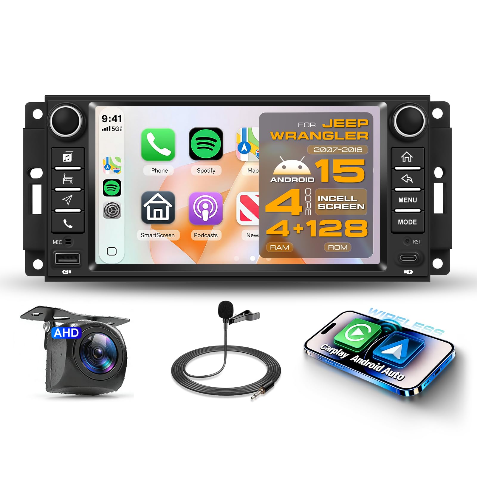 4G+128G Car Radio Stereo for Jeep Wrangler 2007–2018 with DSP/Wireless Carplay/Android Auto, 7 inch in-Cell Touch Screen Wrangler Radio Bluetooth 5.0 FM/RDS Mirrorlink SWC Backup Camera