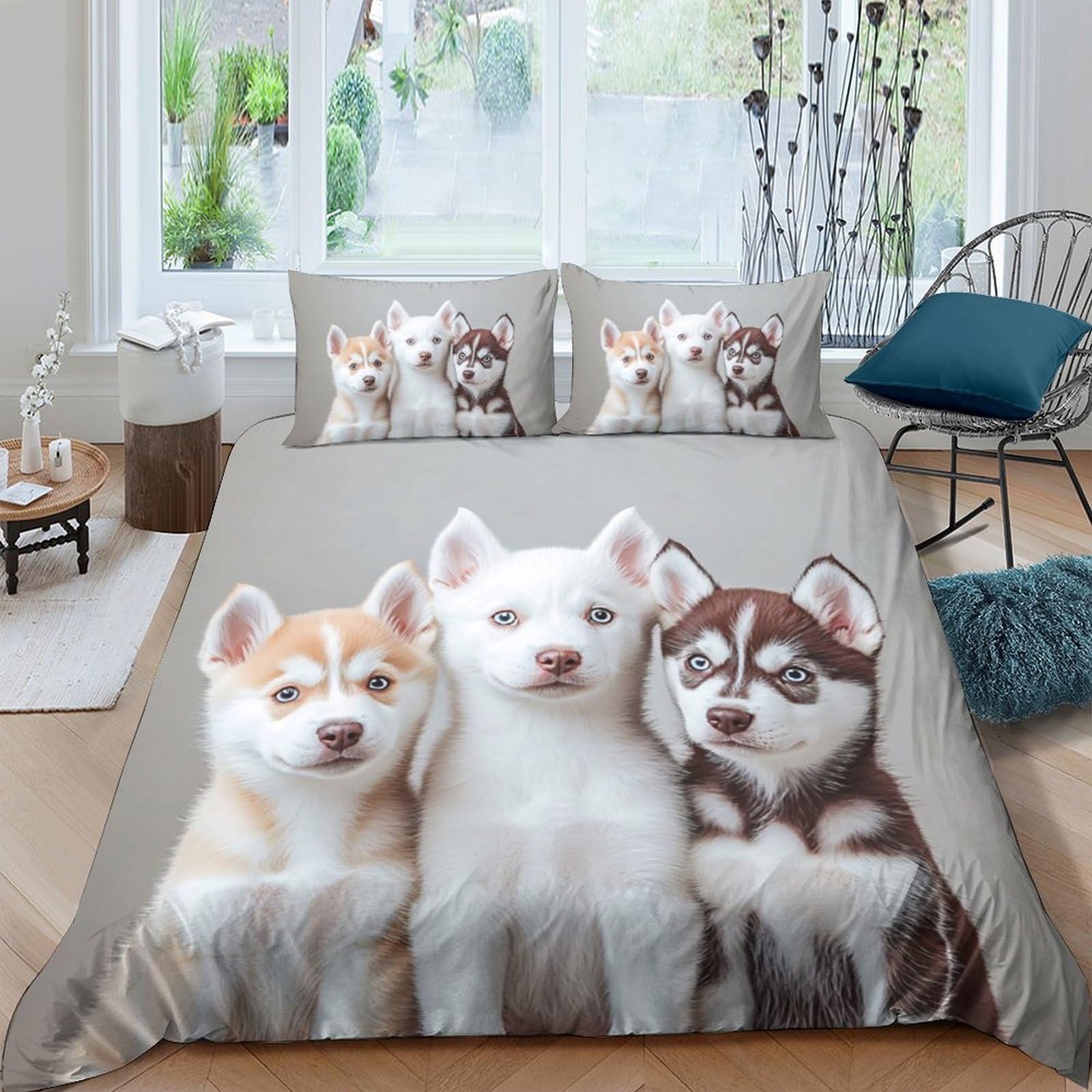 Ctjqhvkz Style-10 3D Printed Husky Puppy Fitted Sheet Microfiber Anti-Slip Bed Cover Cute Dog Bedroom Decor Machine Washable Single（135X200cm）