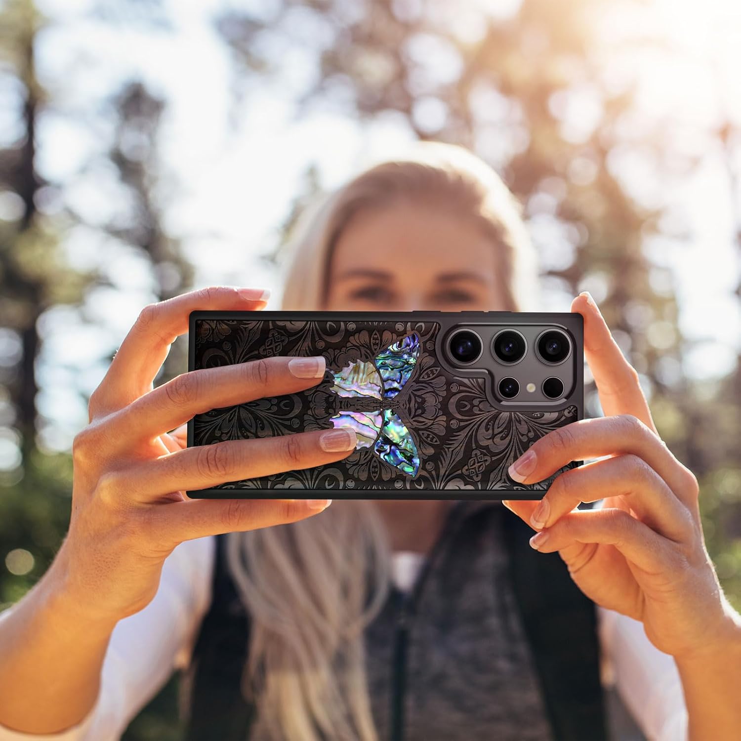 Carveit Designer Wooden Case for Samsung Galaxy S25 Ultra Case [Wood Engraving & Shell Inlay] Compatible with Wireless Chargers S25 Ultra (Baroque Butterfly-Blackwood)