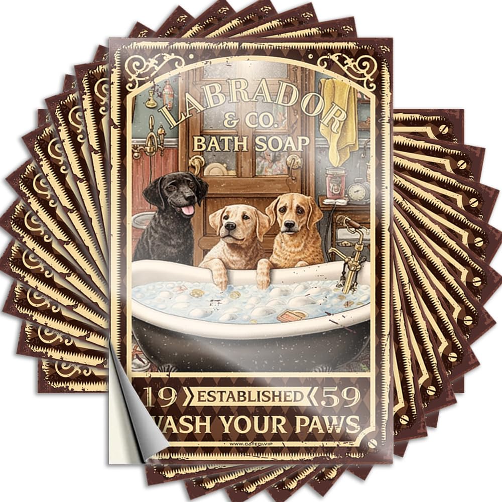 Labrador Bath Soap Wash Your Paws Decals Retro Decor Self Adhesive | Western Laptop Vinyl Sticker Pack for Teens(8X12CM)