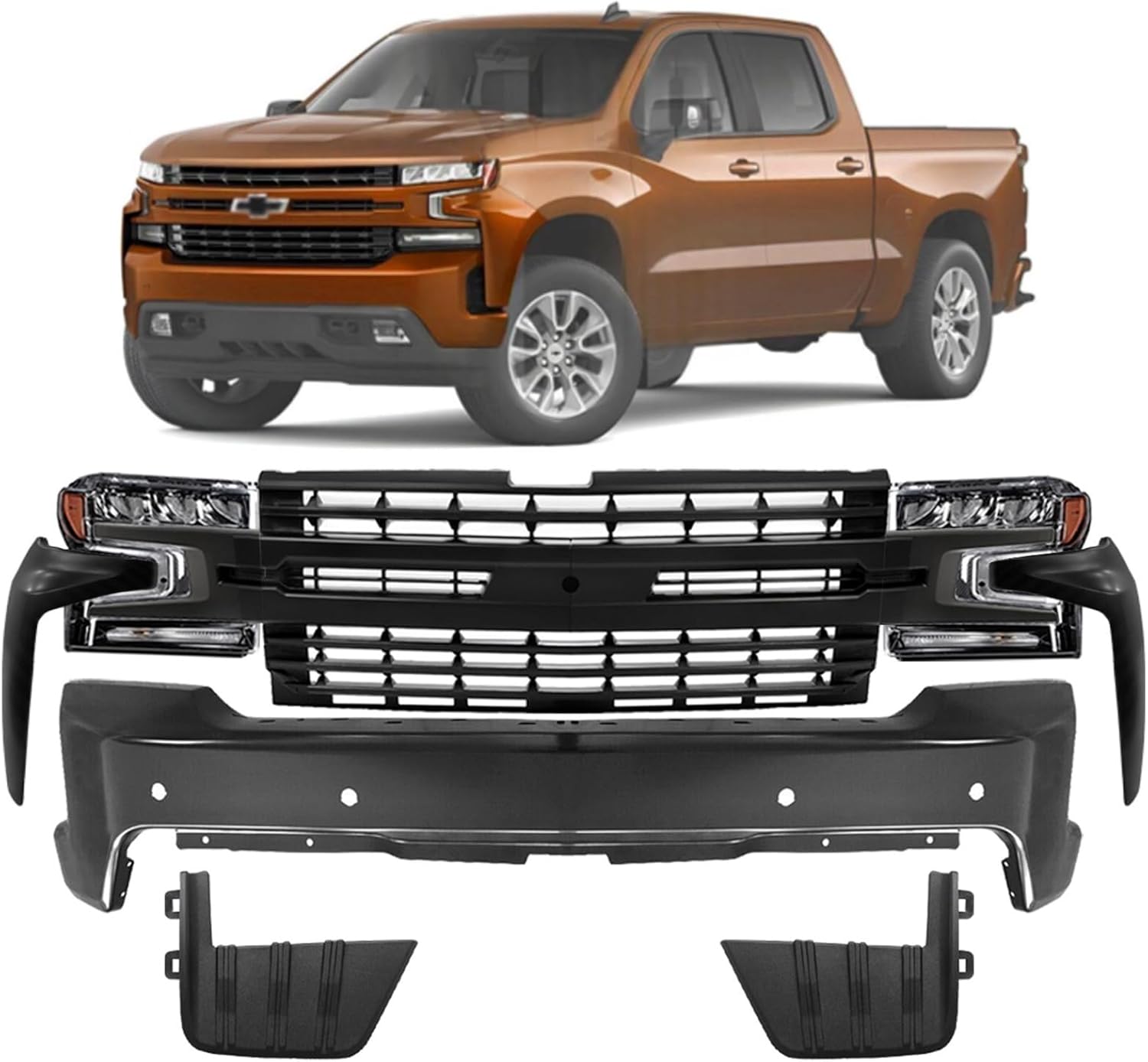Front Bumper & Grille Assembly Kit Primed Fit for Chevy Silverado 1500 2019-2021 Bumper Grille Cover Headlight Kit