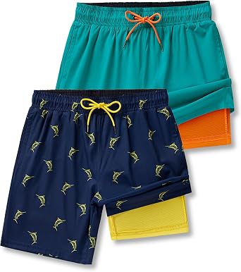 2 Pack Men's 7" Swim Trunks with Compression Liner, Quick Dry Stretch Swimming Shorts Bathing Suits Swimwear