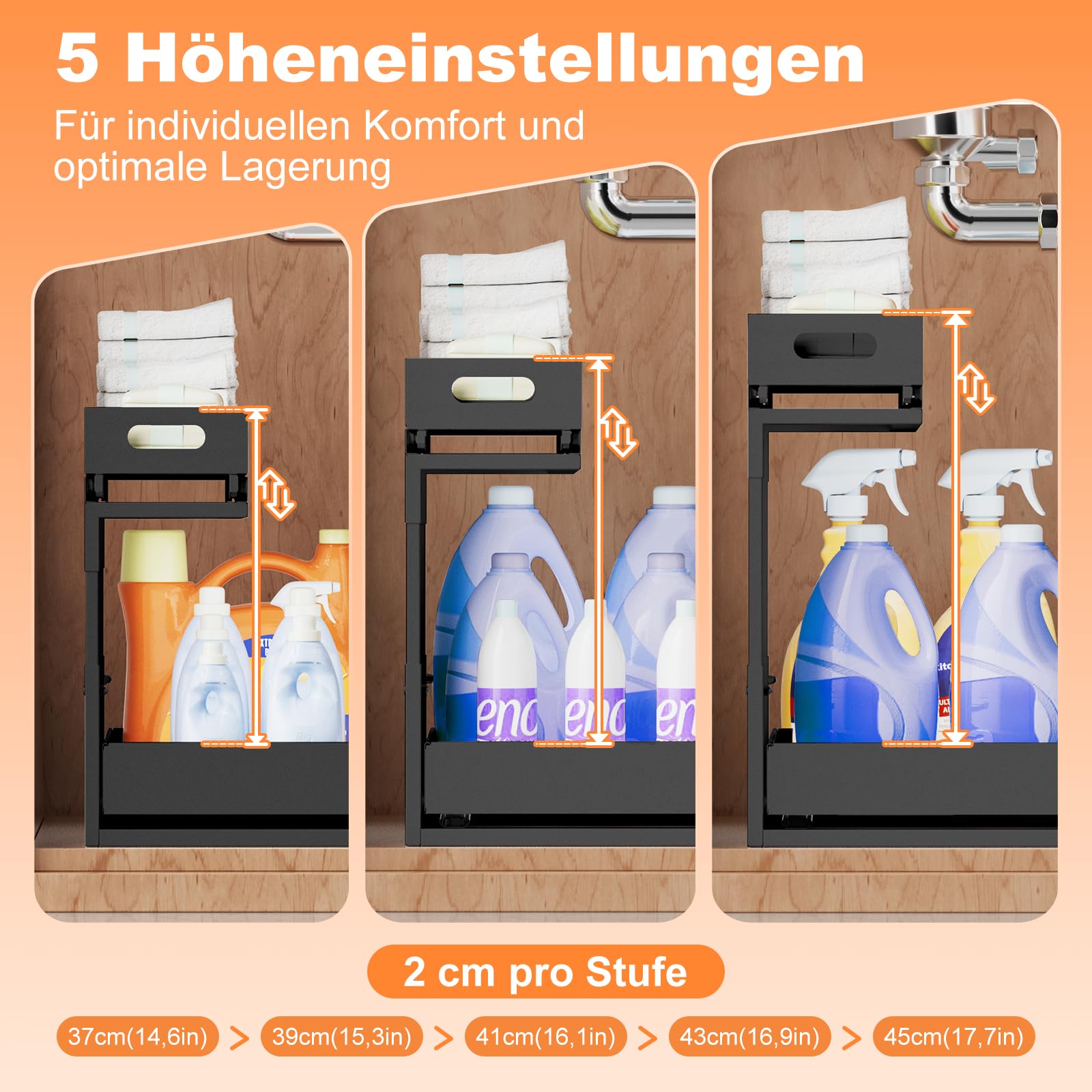 YJHome Ausziehbare Spülschrank Organizer, Metall Unter Waschbecken Regal 2 Etagen, Verstellbare Breite Höhe, Herausziehen Under Sink Organizer für Küche, Bad, Unterschrank, 1-Stück-Plus Schwarz