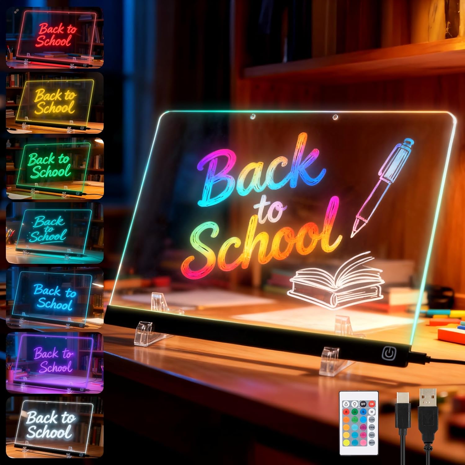 IMAGE LED Note Board with 7 Colors, 13.7"X10.2" RGB Acrylic Dry Erase Board with Light, Led Drawing Board for Kids with Stand, USB Cable Hanging Chain, 7 Markers, for Room, Office Festival Gift