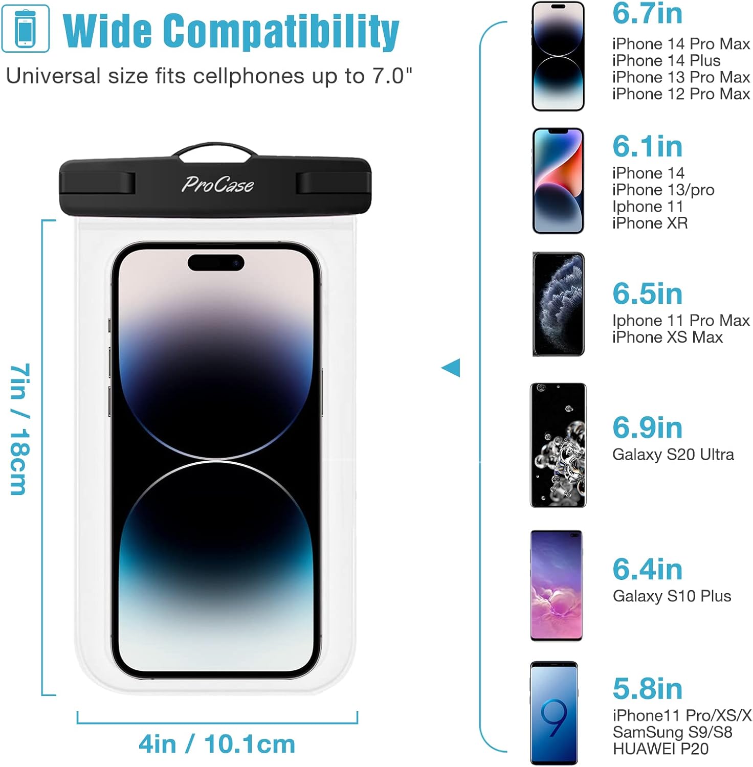 ProCase Waterproof Phone Pouch Waterproof Phone Case for iPhone 14 13 12 11 Pro Max XS X, Phone Water Proof Bag Cell Phone Pouch Holder with Lanyard for Galaxy S21 Google Pixel Up to 7.0"-Black,6 Pack