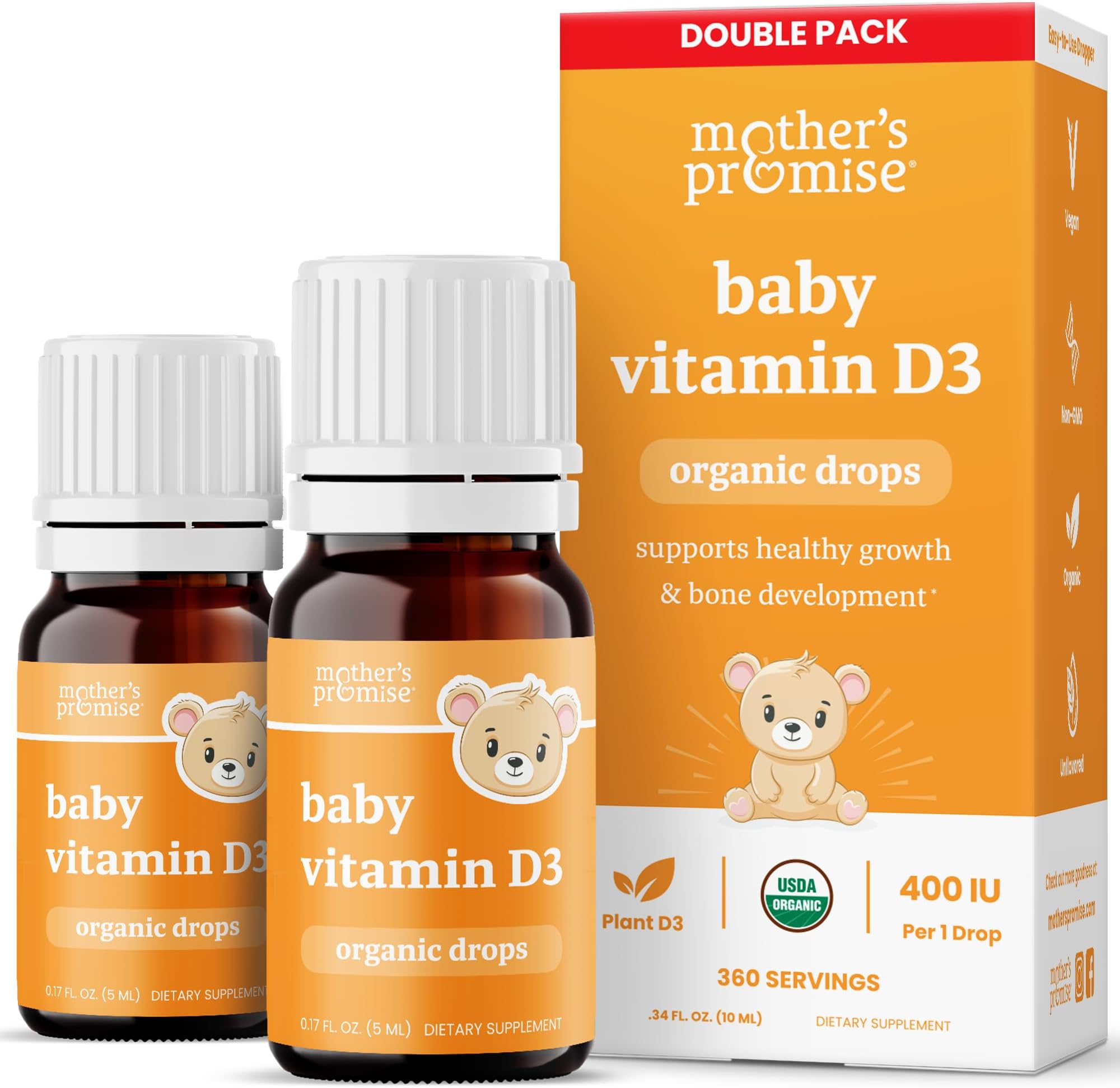 Organic Vitamin D Drops for Babies, Infants & Toddlers | Plant-Based, 400 IU Baby Vitamin D3 Liquid Supplement | Supports Healthy Growth, Bones, Heart & Immune Health for Newborns (2-Pack)