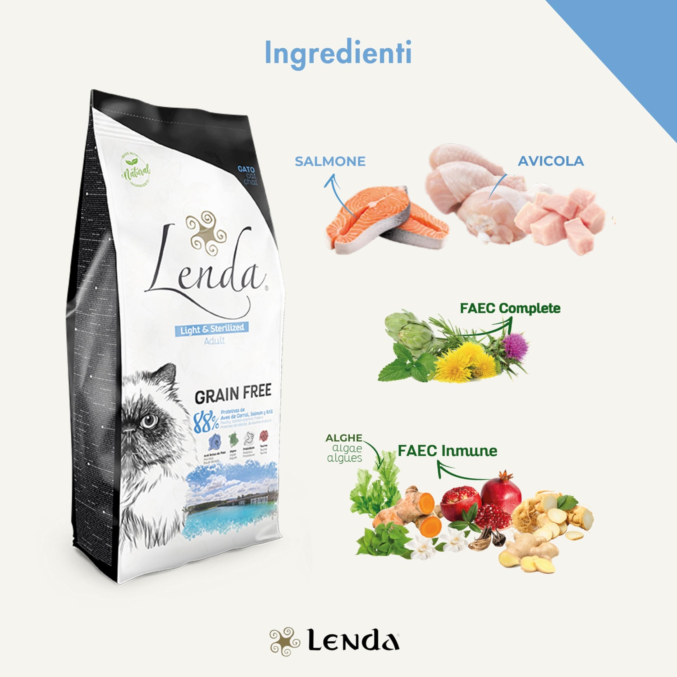 Lenda Gatto Adult Light & Sterilized 7 kg - Crocchette Senza Cereali per Gatti Adulti Sterilizzati o in Sovrappeso - Cibo Basso Contenuto Calorico - Con Condroprotettori - Croccantini Naturale