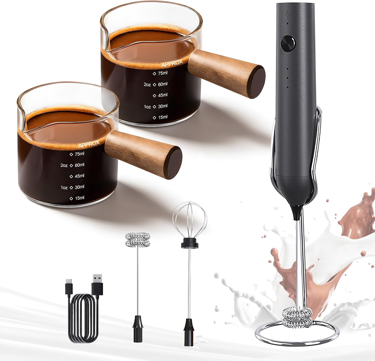 YARRAMATE Black Powerful Milk Frother Wand & 3.4 oz/100ML Glass Measuring Cups