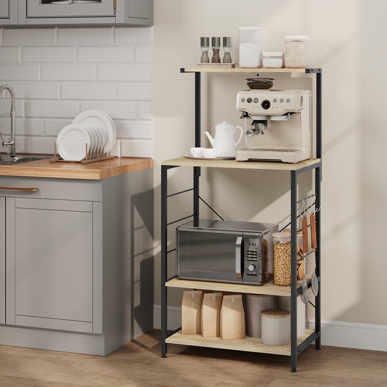 WOLTU Scaffale per Cucina in Acciaio Legno 4 Ripiani Carrello per Microonde Scaffalature Organizzatore 60x40x123 cm