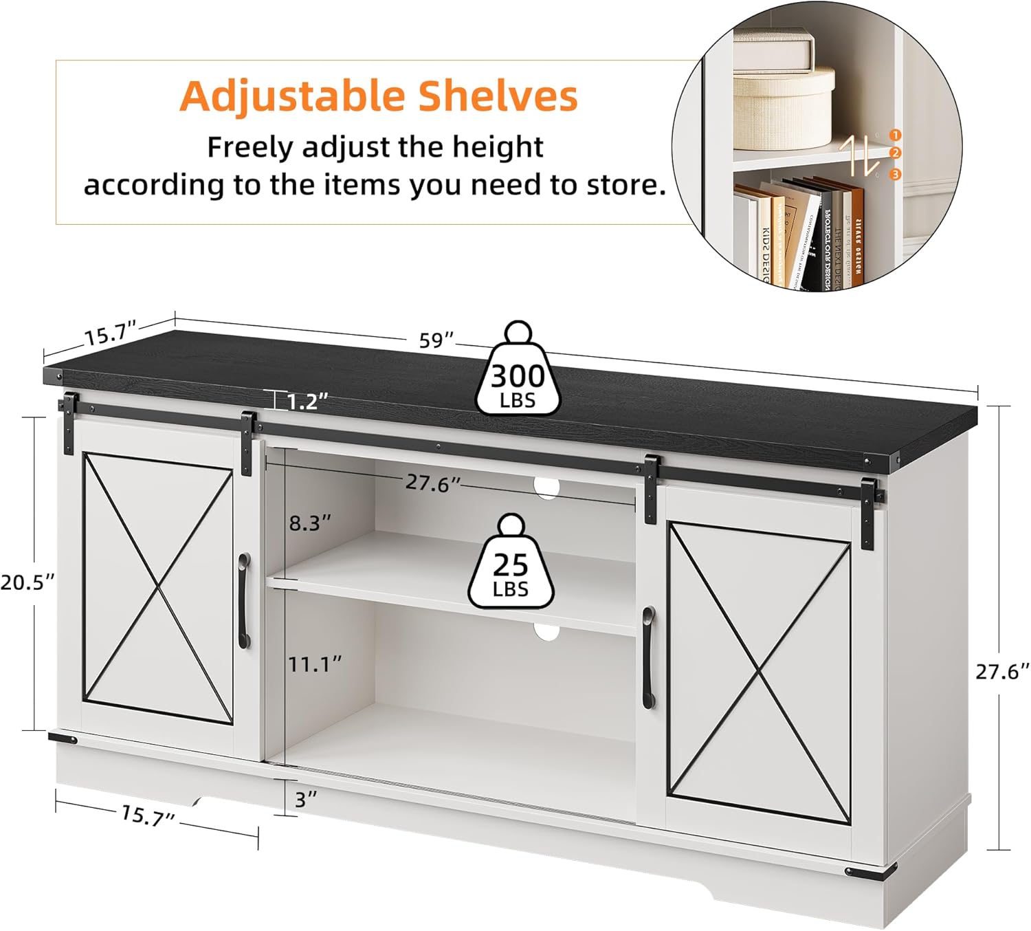 IDEALHOUSE Farmhouse TV Stand for TV up to 65 Inch, Entertainment Center with Sliding Barn Doors and Adjustable Shelves, Mid Century Modern Media Console Table for Living Room, White & Black