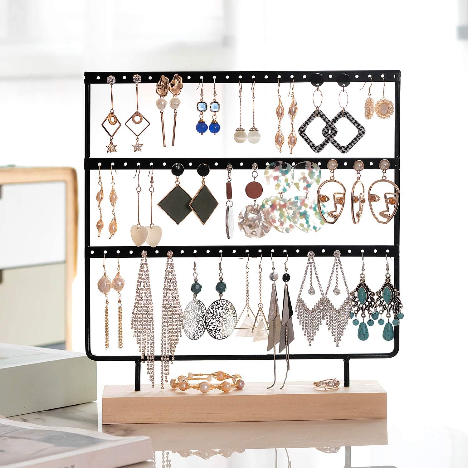 Simple Ear Stud Holder 4-Tier Earring Stand Earring Holder Decorative Jewelry Holder Display Rack Jewelry Stand Display with Wooden Tray/Dish for Earrings Necklace Bracelet Rings 69 Holes