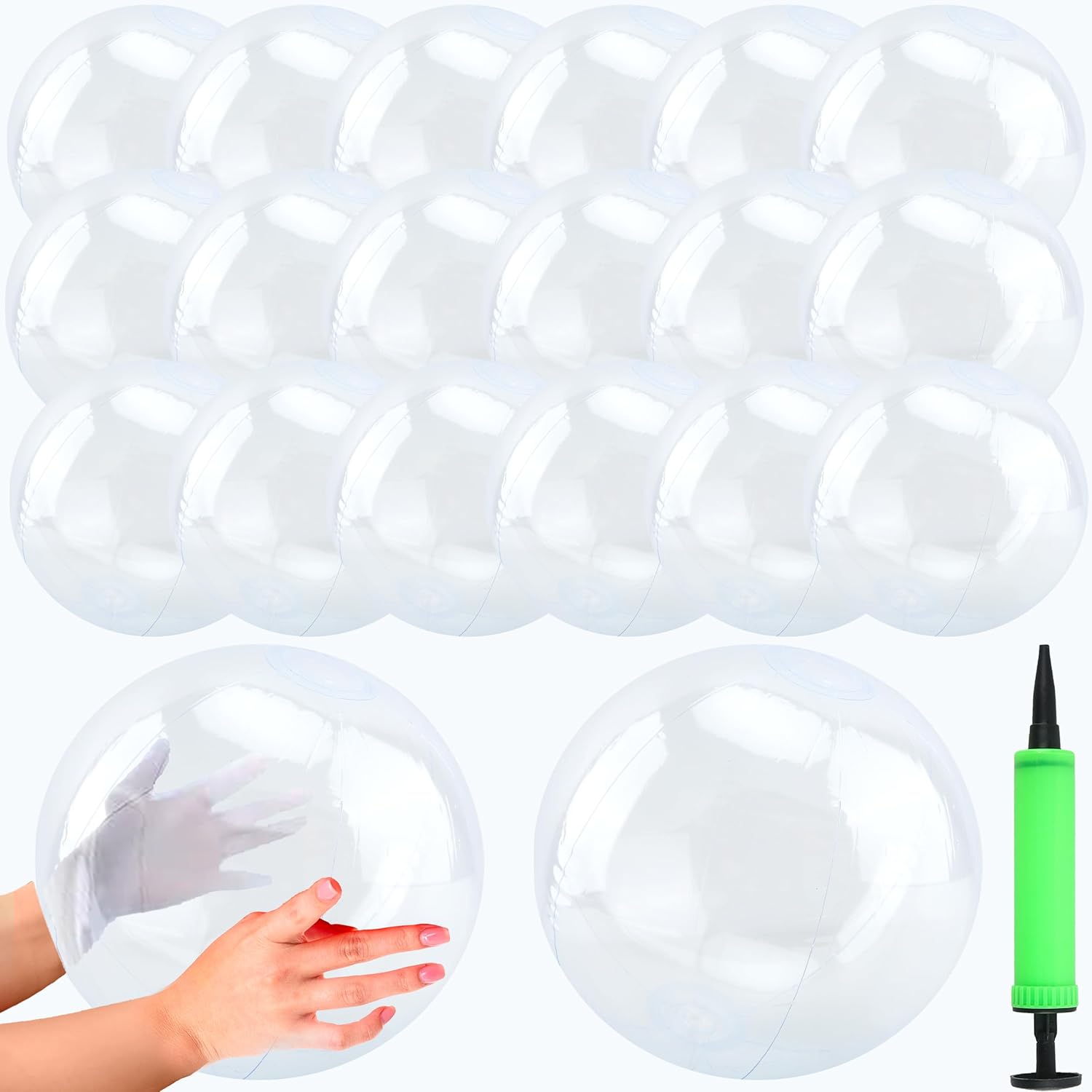 26 Pack 16 Inch Inflatable Clear Beach Ball Transparent Swimming Pool Balls with Air Pump for Kids Adults Summer Beach Pool Party Favors