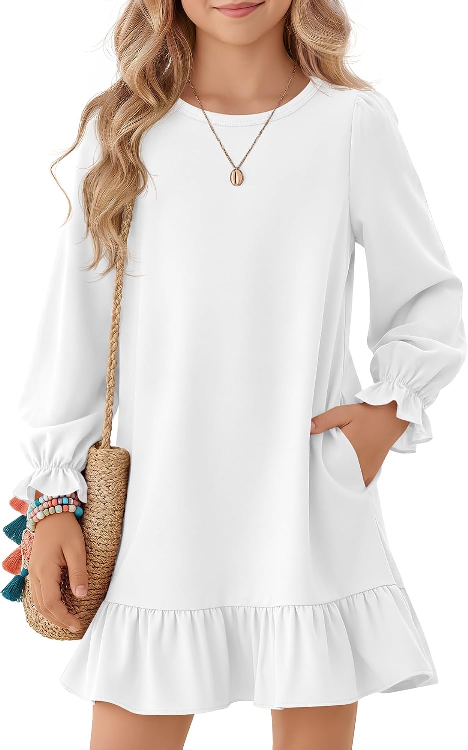 Halfchet Girls Long Sleeve Dresses Kids Ruffle Hem Dress