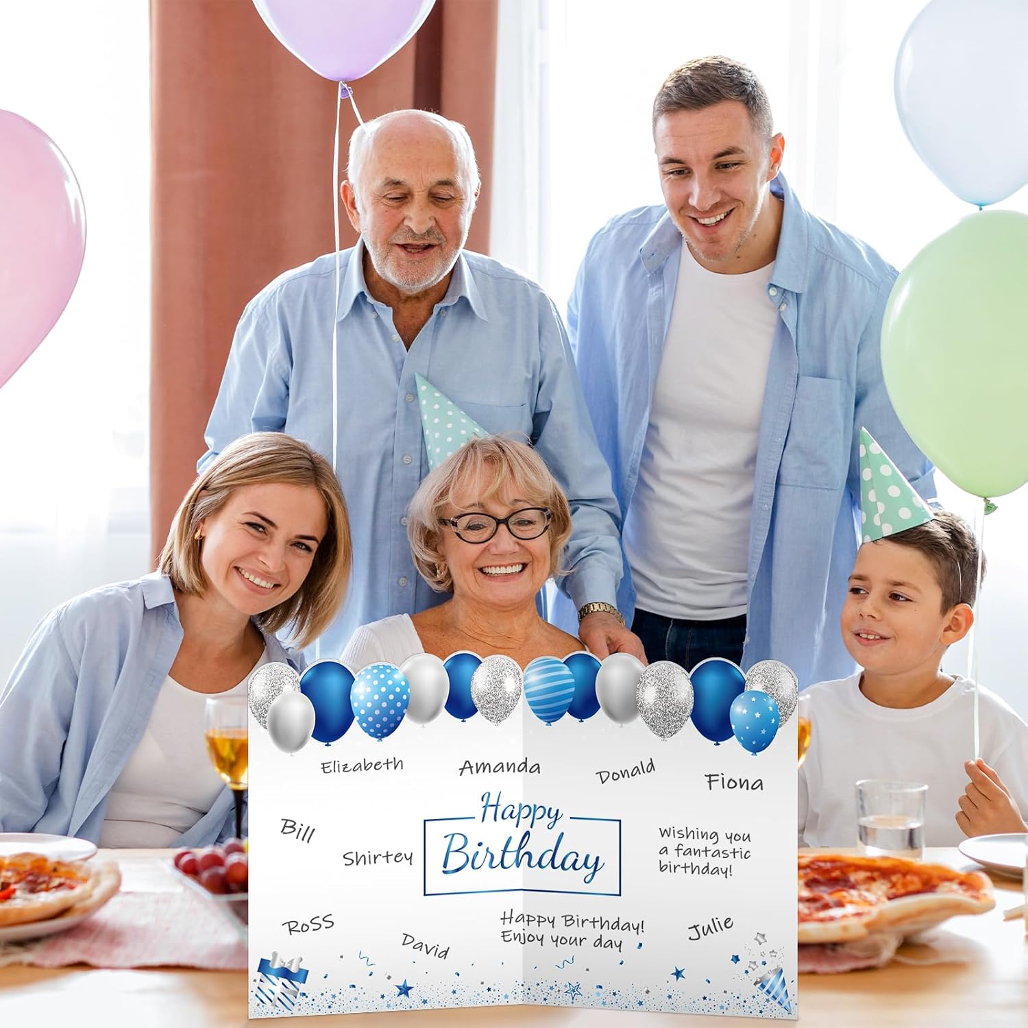 Condition photo showing New/Like New for giant birthday card with envelope, 22 x 14 in extra large happy birthday greeting card for men boys, big glitter balloon design guest book, oversized party decoration sign for adults family ( blue ) blue sliver