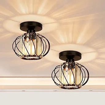 FRIDEKO HOME 2-Pack Semi Flush Mount Ceiling Light - Small Crystal Chandelier Hallway Light fixtures Ceiling Black Metal Cage Ceiling Lights Modern Light Fixture for Entryway Bedroom Porch Kitchen