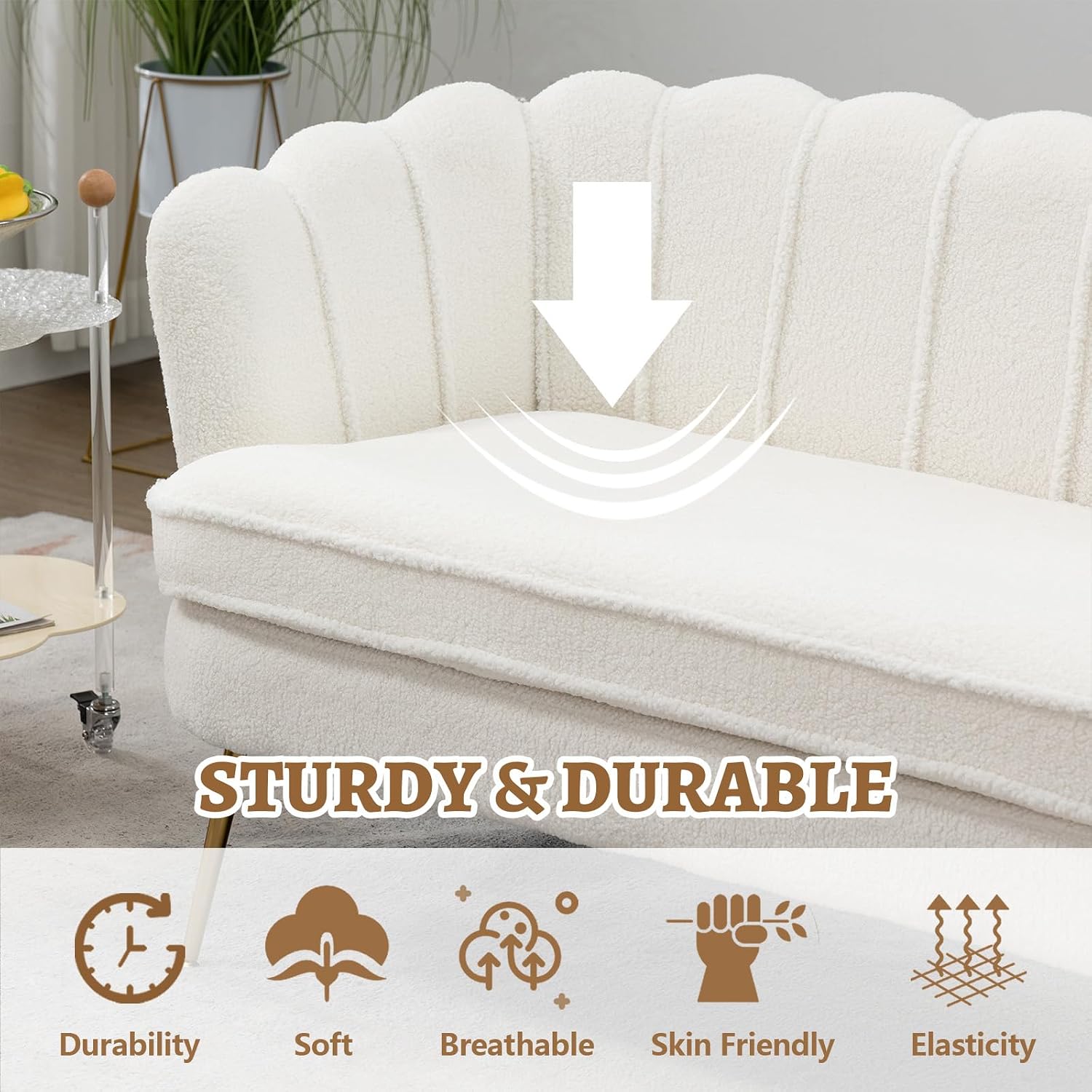 59" Loveseat Sofa Modern Chenille Gold Legs Floral Backrest Compact Apartment Sofa (Boucle Ivory)