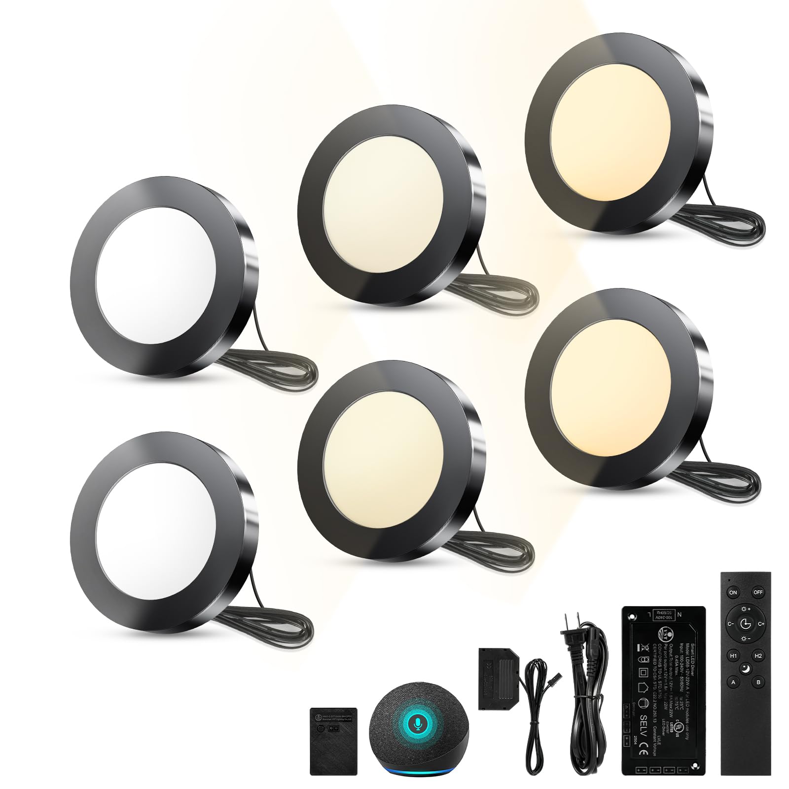 VST Smart Puck Lights, 6 Pack, 3000K-6000K Dimmable Under Cabinet&amp;Shelf Lighting, Compatible with Alexa&amp;Google Home, App&amp;Remote Control, 12V 2W, Recessed/Surface Mount, Black for Kitchen Display Case