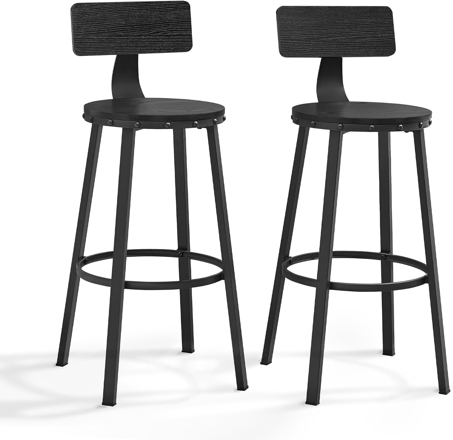 VASAGLE Bar Stools Set of 2, Bar Height Stools, 28.9 Inches Counter Barstools Chairs with Back for Dining Kitchen Island, Steel Frame, Industrial Style, Easy Assembly, Ebony Black
