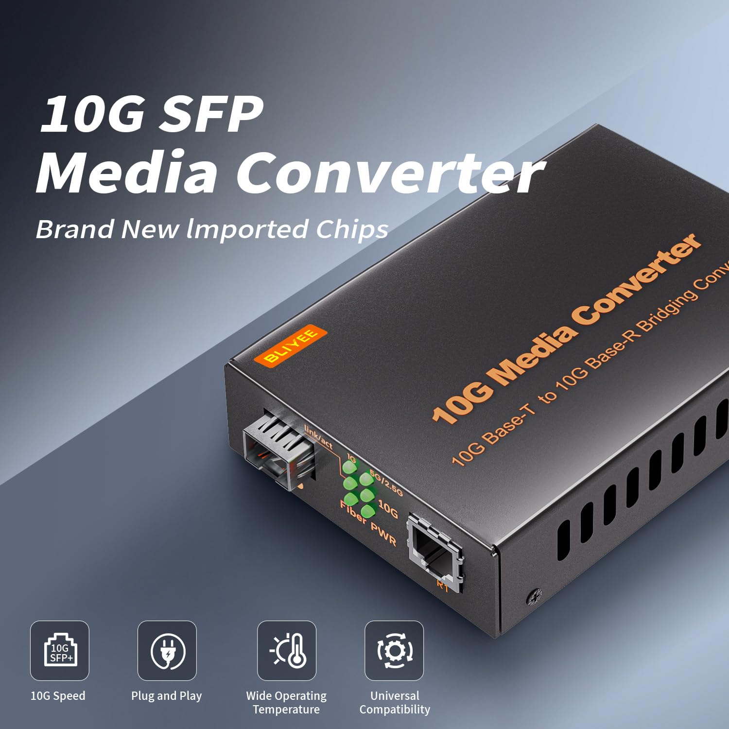 bliyee 10G Media Converter, Unmanaged 100M/1G/2.5G/10GBase-T Fiber Transceiver, SFP to RJ45 Converter, Support 10GBase-SR/LR Transceiver, Auto-Negotiation, Plug and Play