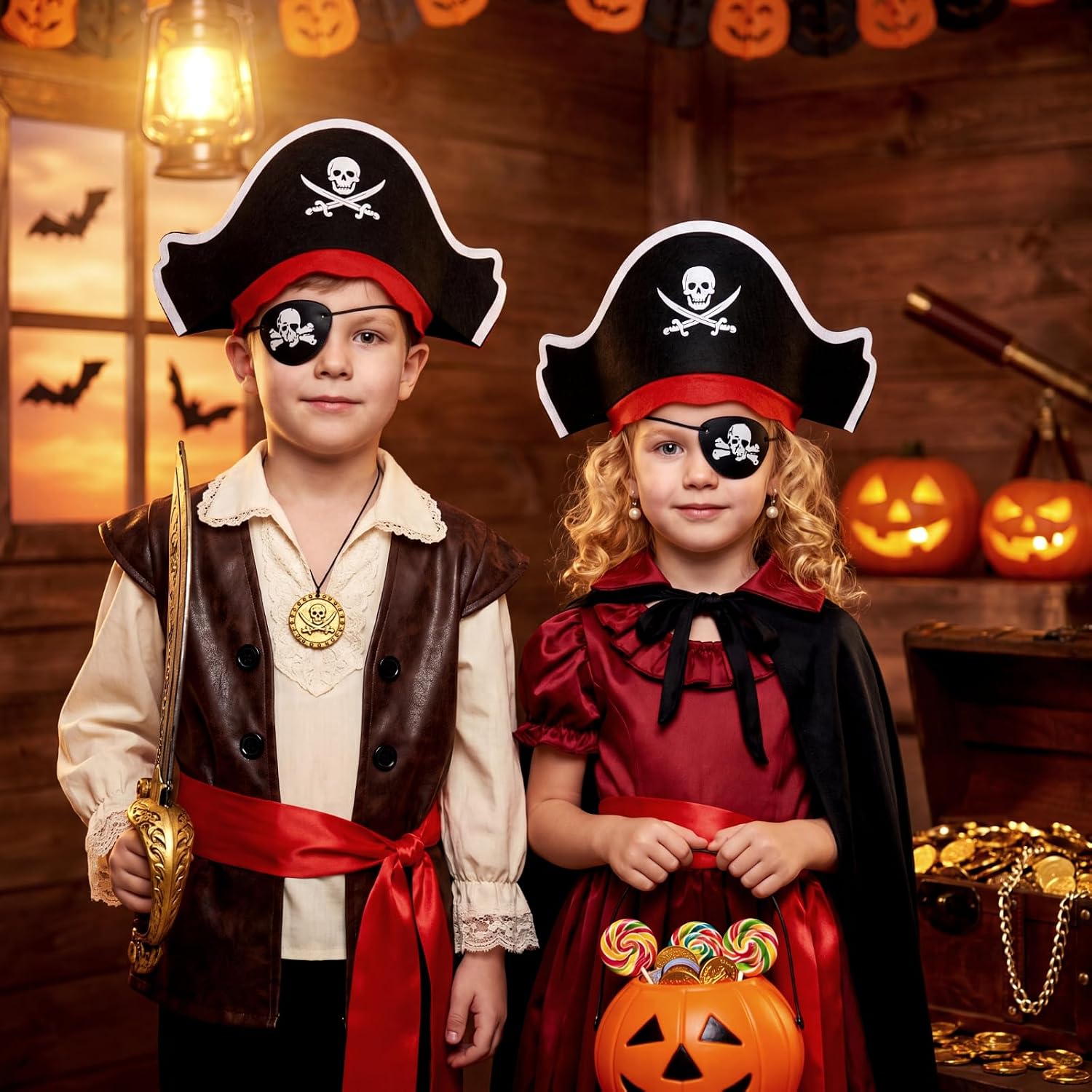 Vicenpal 6 Pieces Captain Pirate Costume Accessories Set, 2 Pcs Kids Pirate Eye Patches 2 Pcs Sash Belt 2 Captain Hat for Boys Girls Halloween Role Play Party