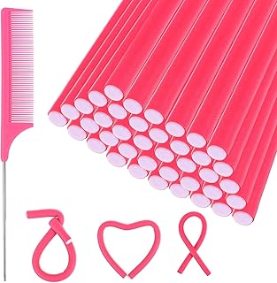 40pcs 9.4inch Flexible Curling Rods Foam Hair Twist Rollers Hair Curlers Rollers- No Heat Sleep in Hair Rods with Comb for Short, Medium, Long Hair (Pink)
