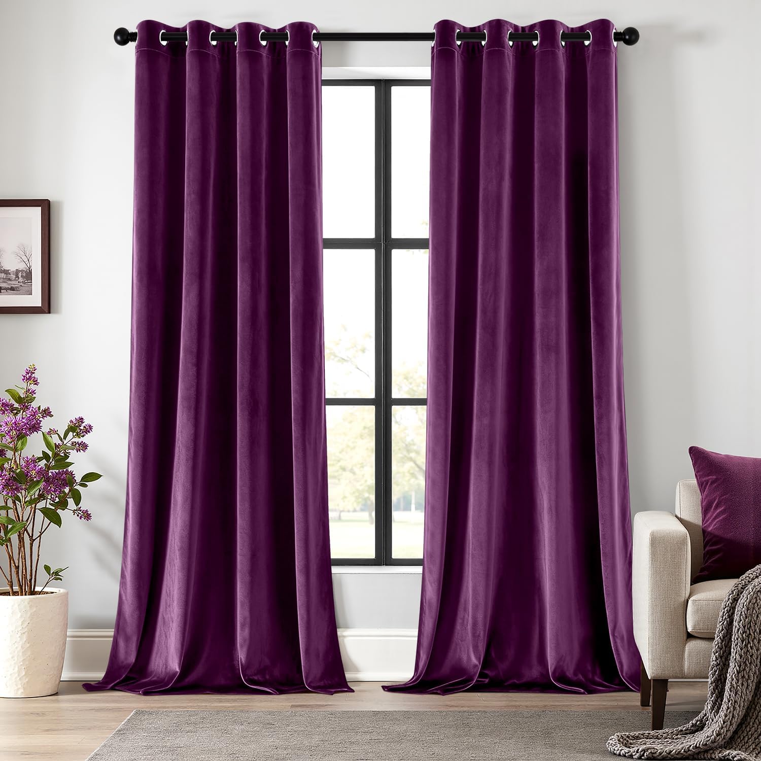 ANRODUO Purple Velvet Curtains 96 Inches Long Blackout Thermal Insulated Soundproof Curtain Privacy Room Darkening Curtains Grommet Window Drapes for Bedroom Living Room Set of 2