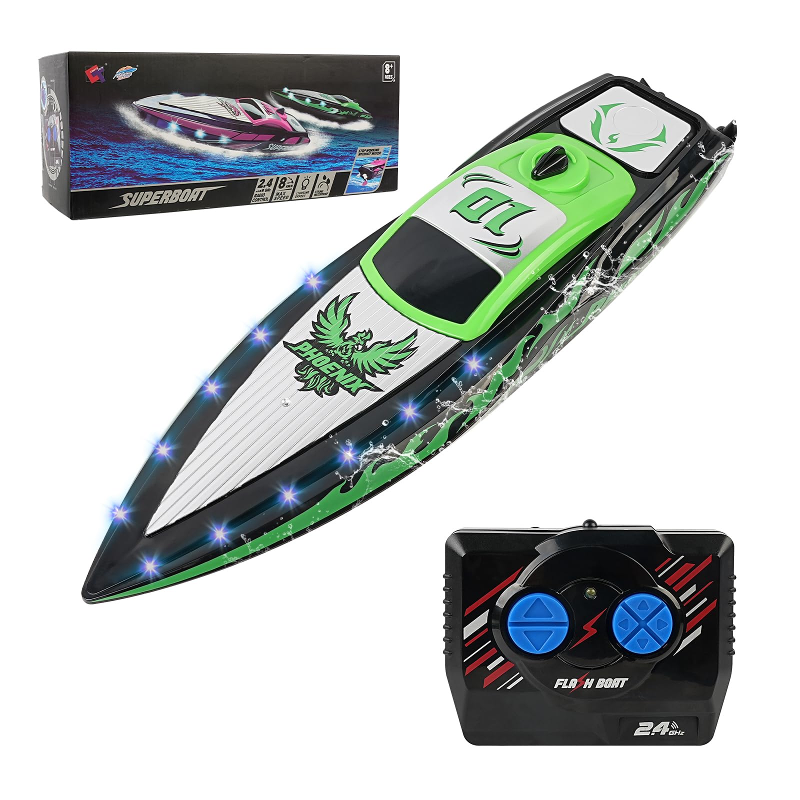 Lukymod RC Boat & Remote Control Boat for Kids & Adults | Rechargeable Battery, 2.4 GHz High-Speed Pool Toys with LED Light | Outdoor Boats for Lakes, Ponds & Summer Pools | Gift for Boys Girls