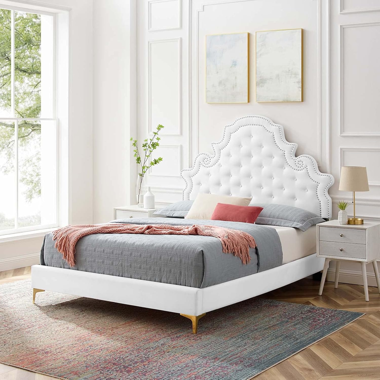 Modway Gwyneth Tufted Performance Velvet Twin Platform Bed in White with Gold Metal Legs