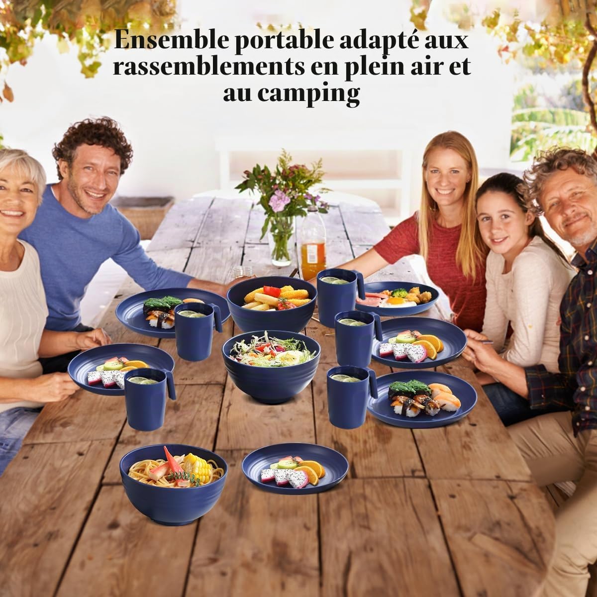 Kyraton Assiettes Service de Table plastique 32 PCS Service pour 8, réutilisable Assiettes légères Tasses Bols Vaisselle facile à transporter et à nettoyer Cuire au micro-ondes BPA sans lave-vaisselle