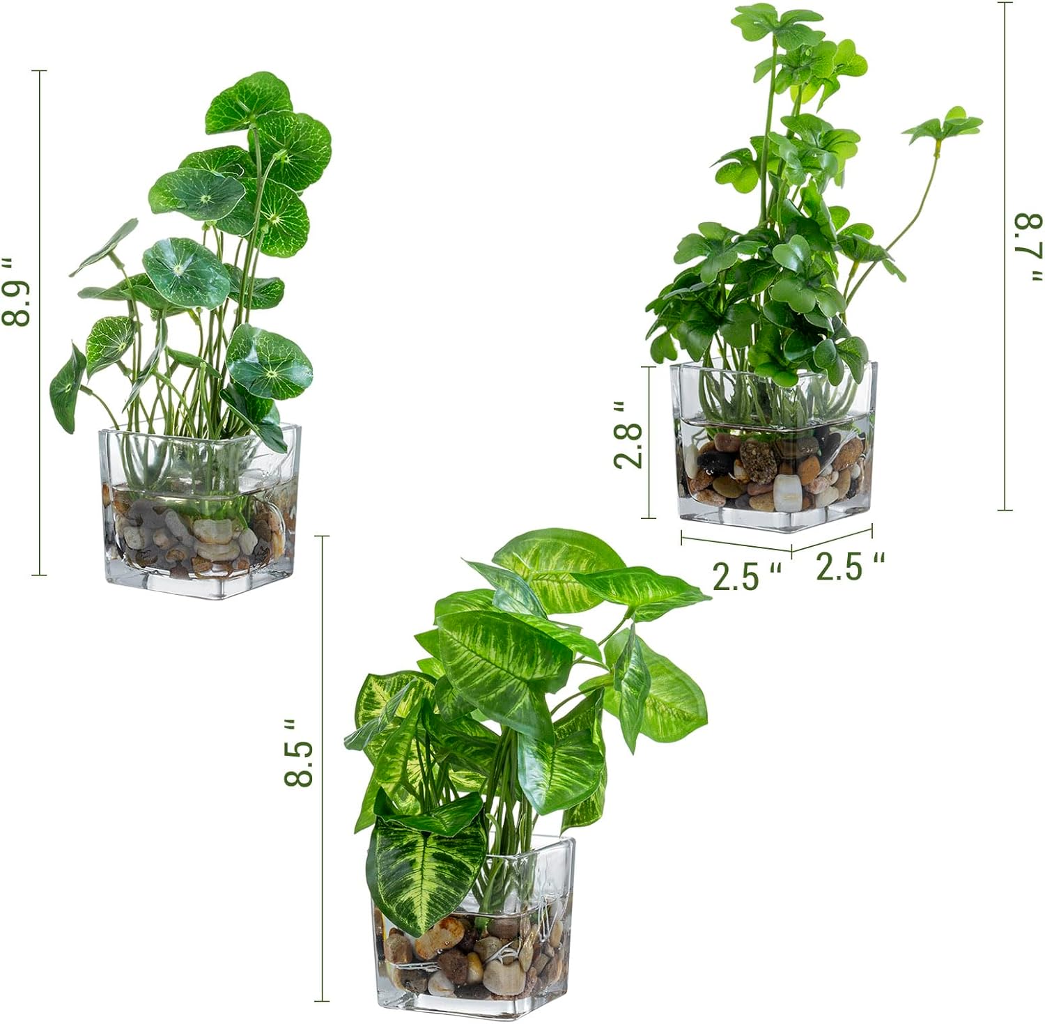 MyGift Set of 3 Artificial Plants in Clear Glass Pots – Small Faux Tabletop Greenery Decor for Home, Office, or Shelf Display