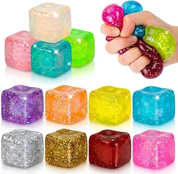 12 Pack Glitter Stress Cube Fidget Toys - Sensory Squeeze Toys for Stress & Anxiety Relief, Squishy Ice Cube Fidgets for Calm, Focus, Sensory Toys for Kids & Adults